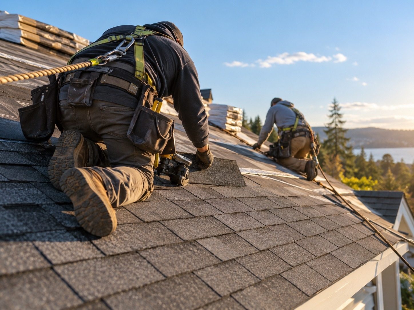 Roofing crew installing shingles