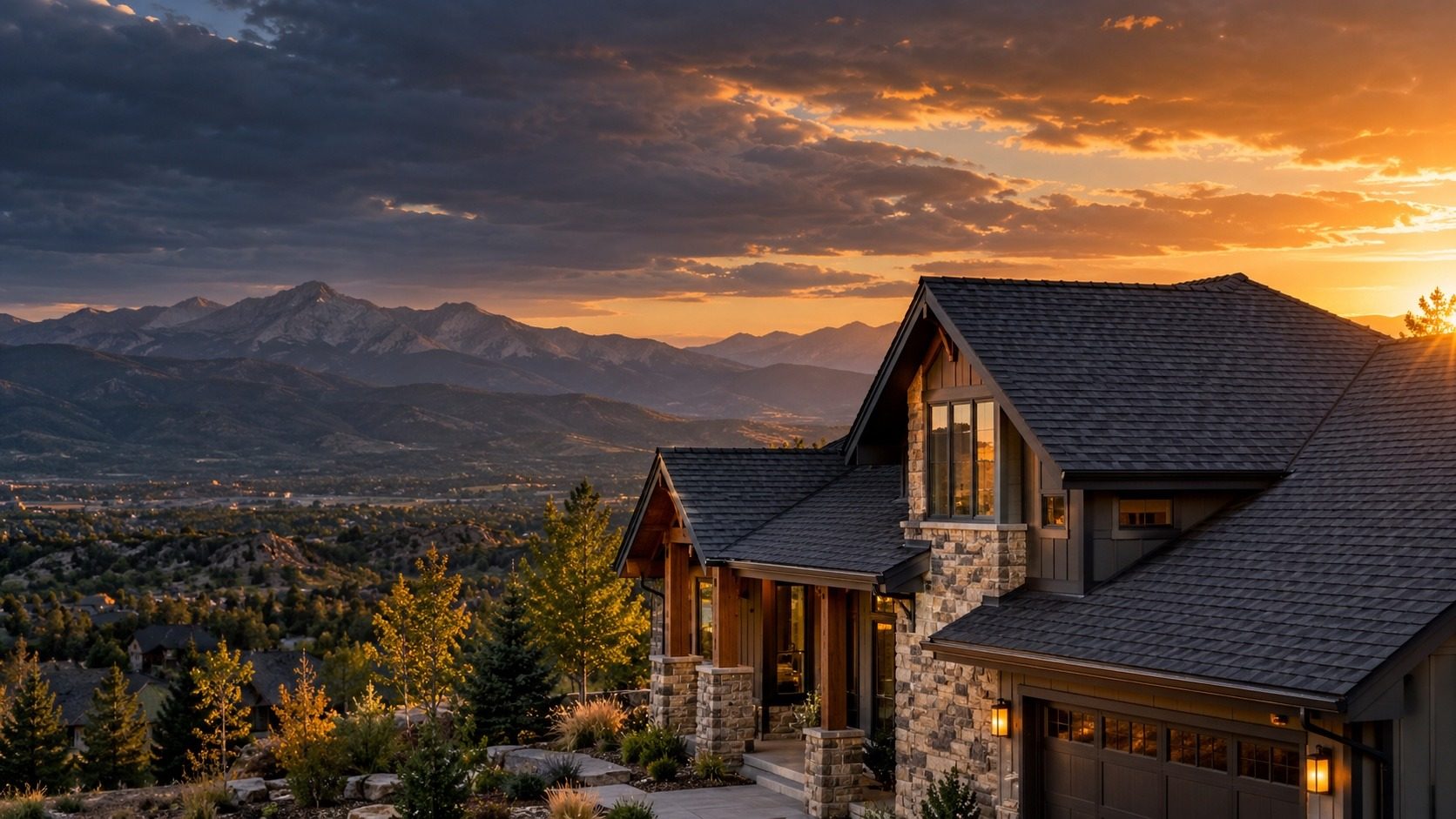 A shingle-roofed home at sunset
