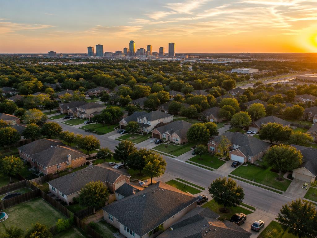 Aerial view of a Fort Worth neighborhood at sunset with the downtown skyline