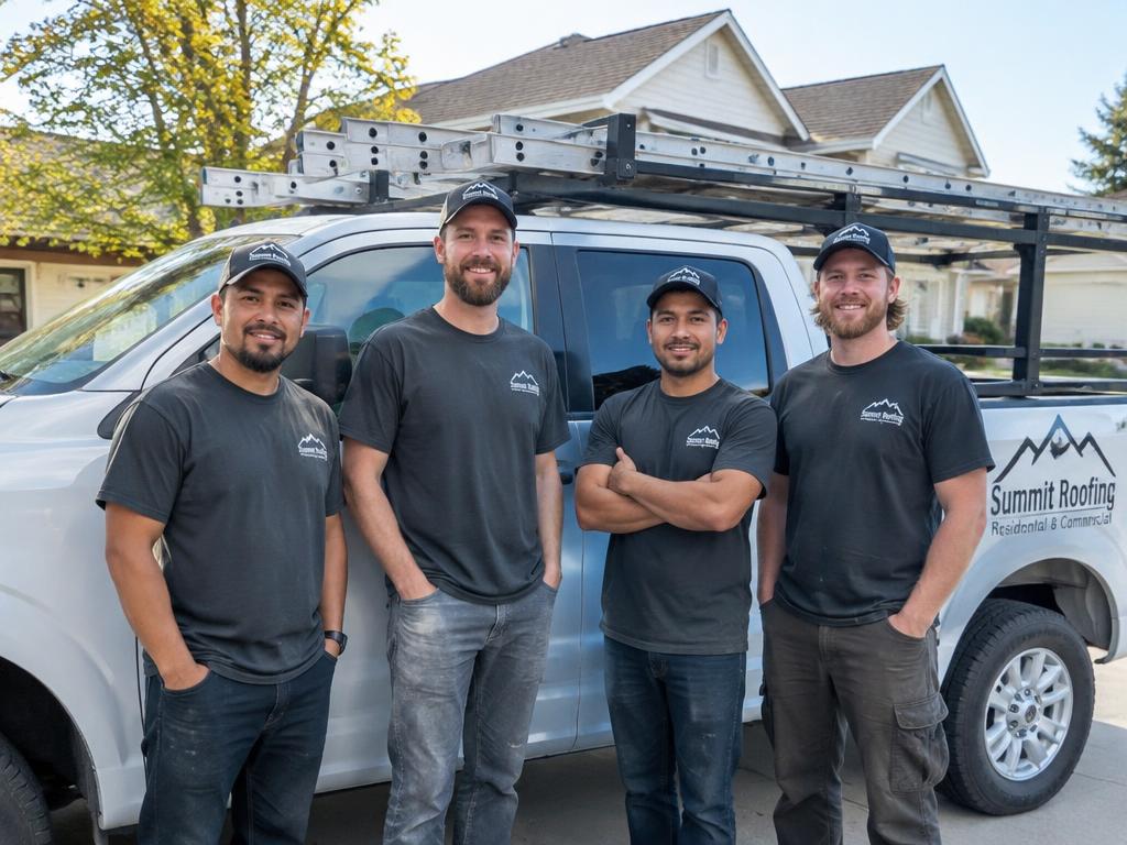 The Summit Roofing crew in front of their work truck