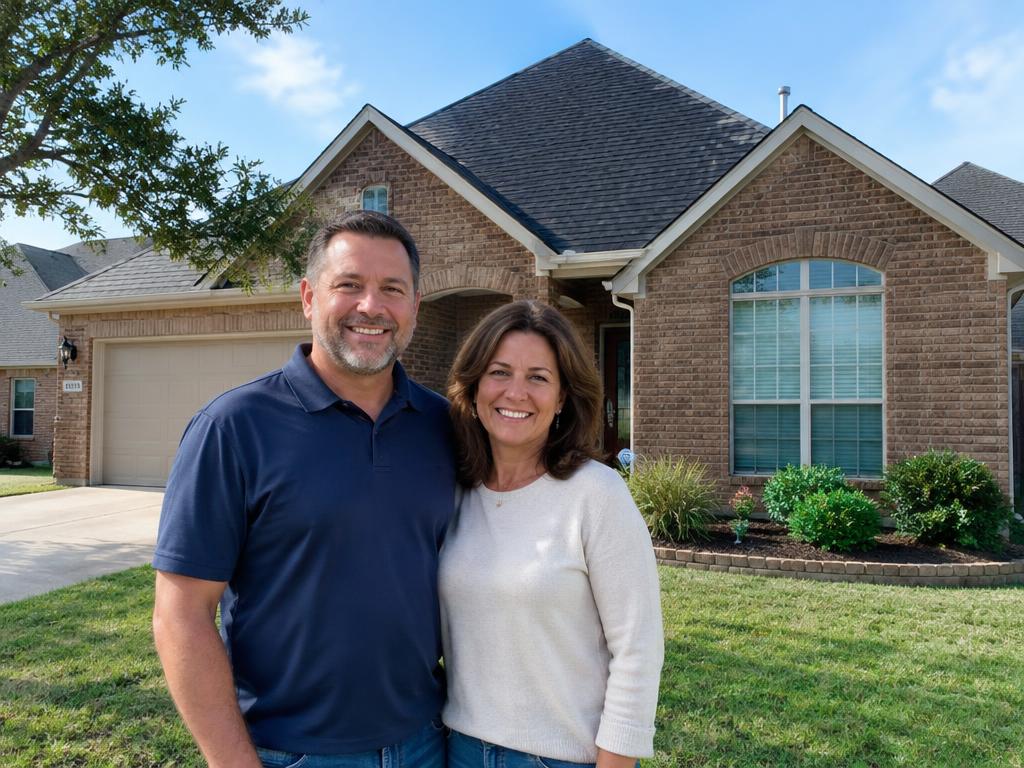 Happy homeowners in front of their new Summit Roofing roof
