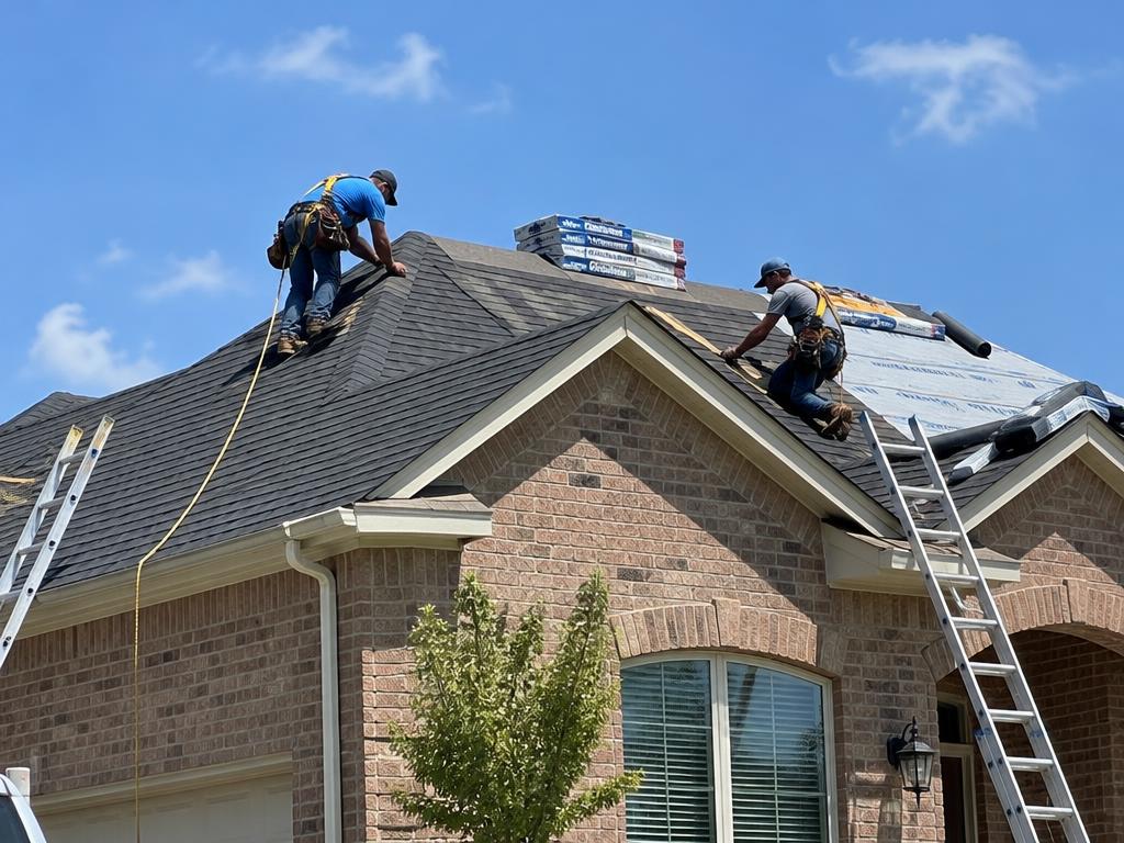 Crew installing new shingles on a roof section