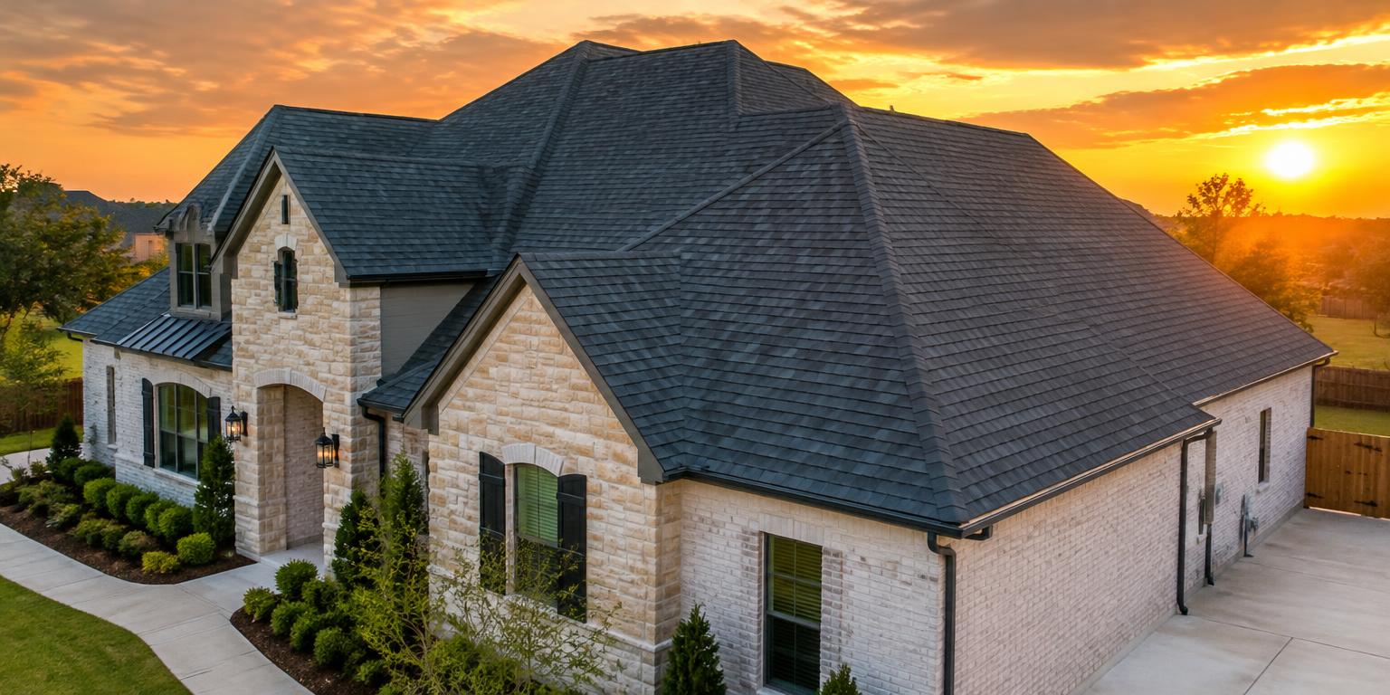 A completed Summit Roofing replacement with dark architectural shingles at sunset